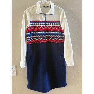 Lands End Women's Fleece Fair Isle Quarter Zip Lounger Navy Cream Red Size S 6-8